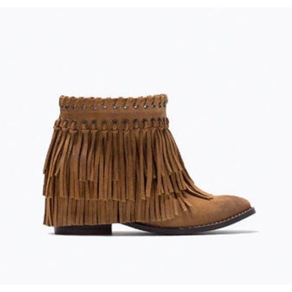 ZARA Suede Fringe Boho Ankle Boots US 8/EU 39 Boho Brown EUC Tassled - Picture 1 of 16